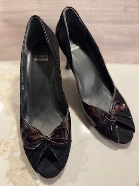 Stuart Weitzman Black Tortoise Peep-Toe Bow Pumps